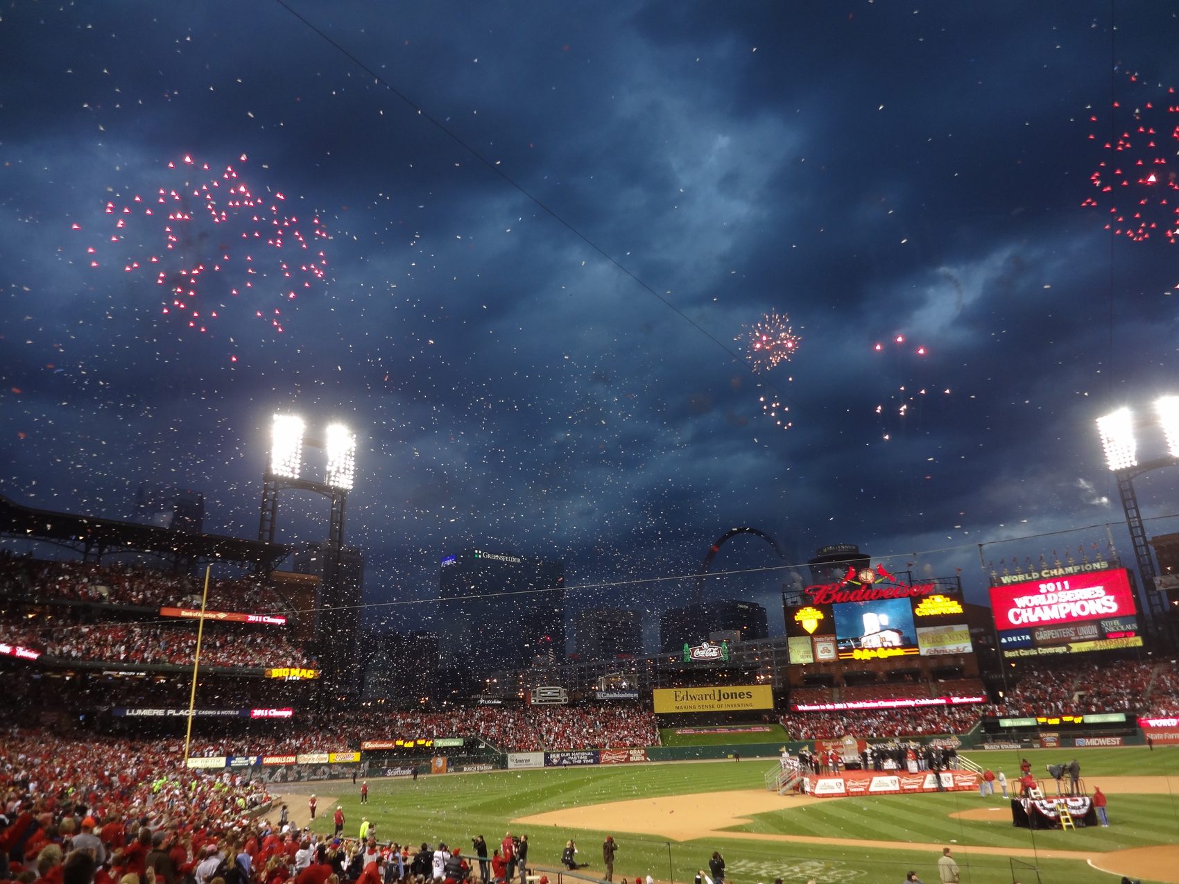 World Series celebration with fireworks over a packed ballpark